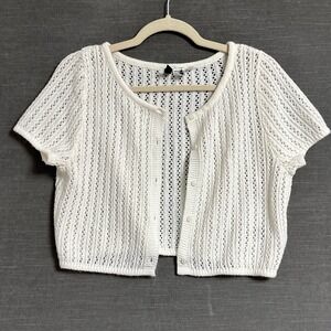 Divided Sweater Cardigan M Cream Open Knit Crochet Cropped Short Sleeve Boho